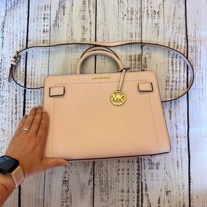 Michael Kors Blush Leather Satchel with Gold MK Pendant